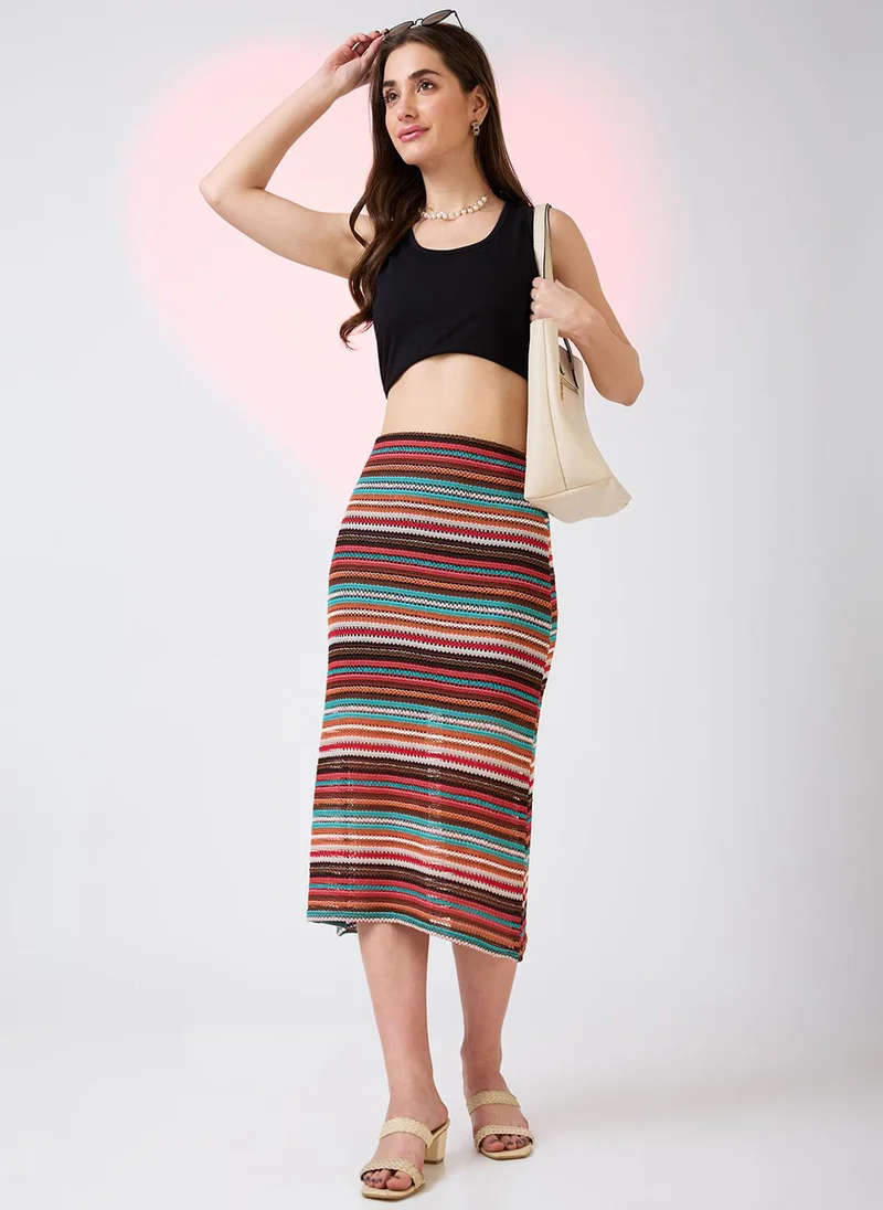 globus Globus Women Colour Stripes Pattern Crochet Mid Rise Straight Midi Skirt